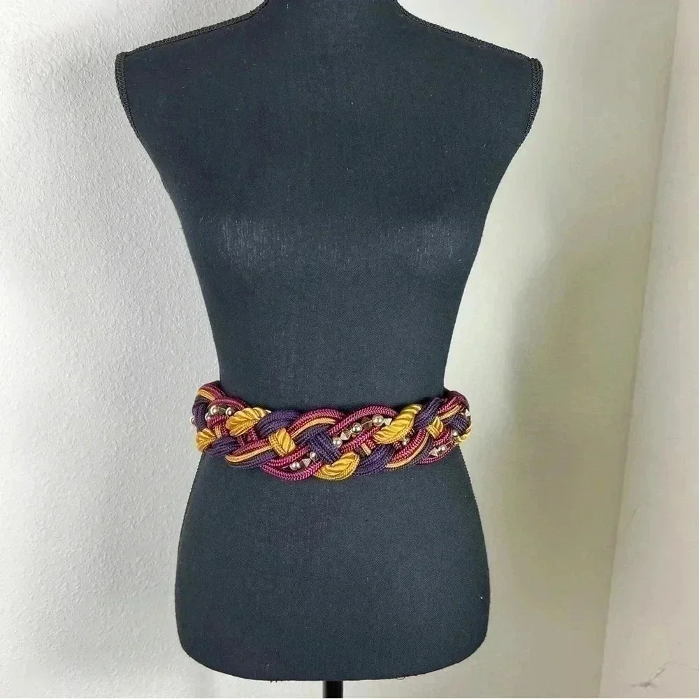 Twisted Braided Beaded Vintage Rope Belt Size Small NWT Gold Purple Burgundy - Picture 2 of 13